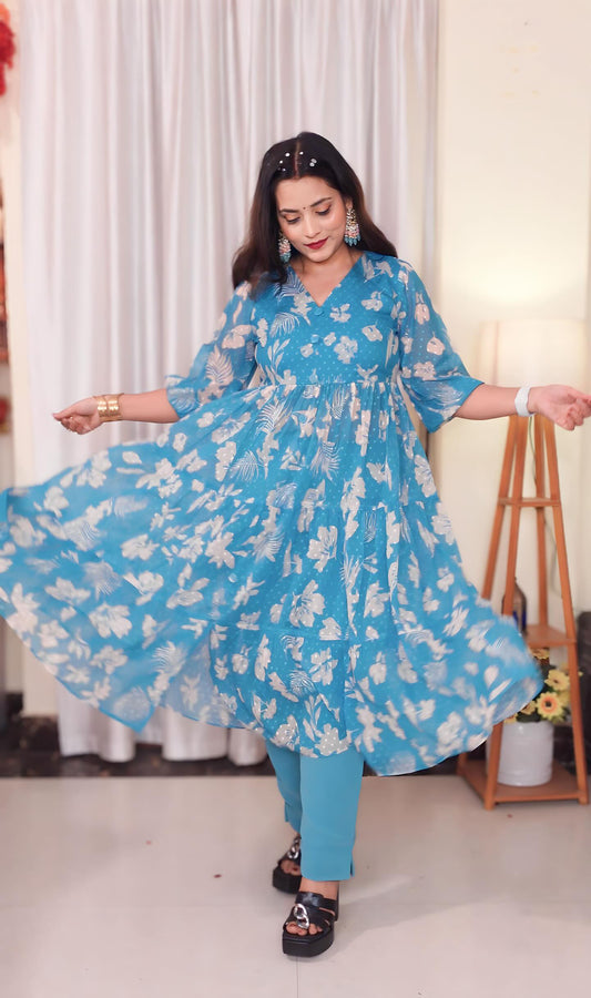 Floral Printed A-line Pattern Layered Kurti Set